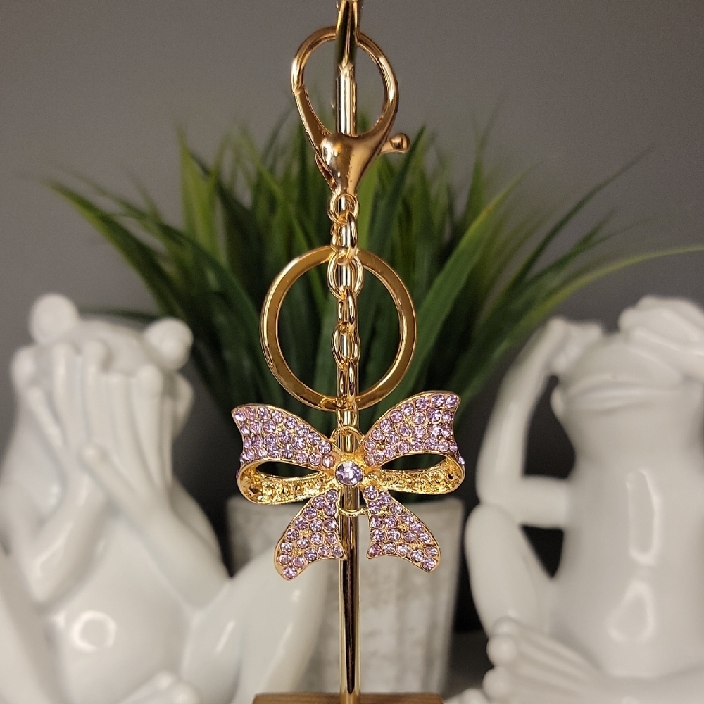 Purple Gold Bow Keychain Bag charm Rhinestone - Picture 10 of 10